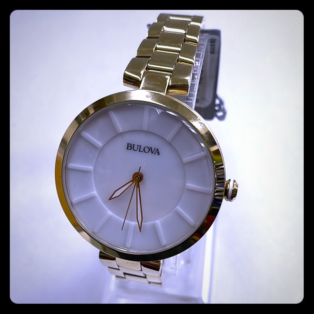 New Bulova Gold Tone Analog White Face Ladies Watc